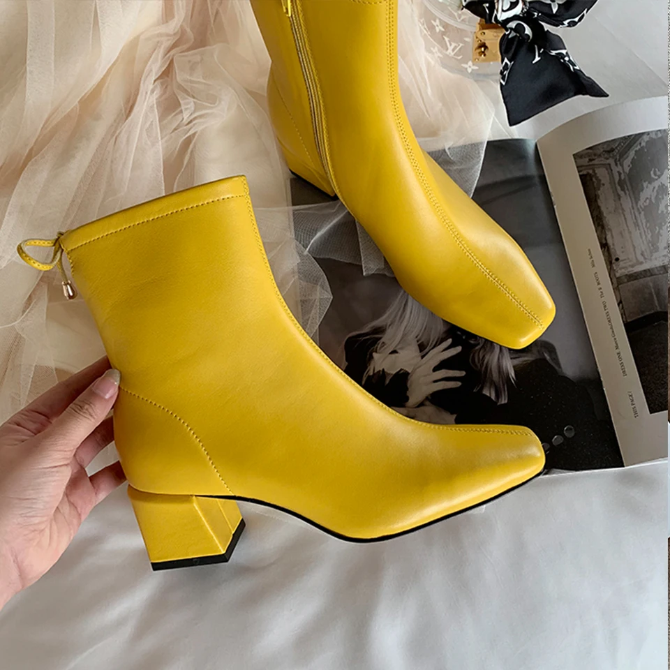 

BELLECOM Fall 2019 New Kind of Women's Leather Square Head Shoes with Thick heels Chelsea Boots