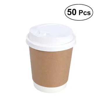 

50PCS 8oz Disposable Thicken Kraft Paper Cups For Juice Coffee Milky Tea for Party Weddings Hot Drinks Takeout - White Lid