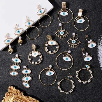 

2020 Street Style Eye Earring Accessories Fashion Gold Color Geometric Loop Pearl Enamel Evil Eye Statement Earrings For Women