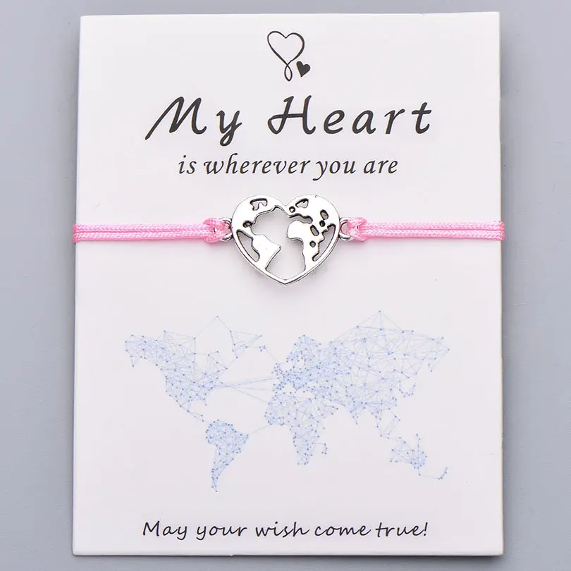 Pipitree Lucky My Heart карта мира браслет ручной работы регулируемая красная струна Очаровательные Браслеты Wish ювелирные изделия подарок для женщин мужчин влюбленных - Окраска металла: lt pink with card
