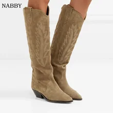 

2021 Nabby Designer Cow Suede Knee High Women Shoes Pointed Toe Retro Embroidered Western Cowboy Boots Winter Knight Long Boots
