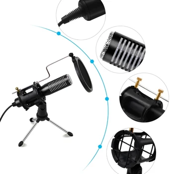

Mini USB Wired Condenser Microphone Mic Mini Tripod Shock Mount Pop Filter for Laptop Recording Online Broadcast Live Streaming