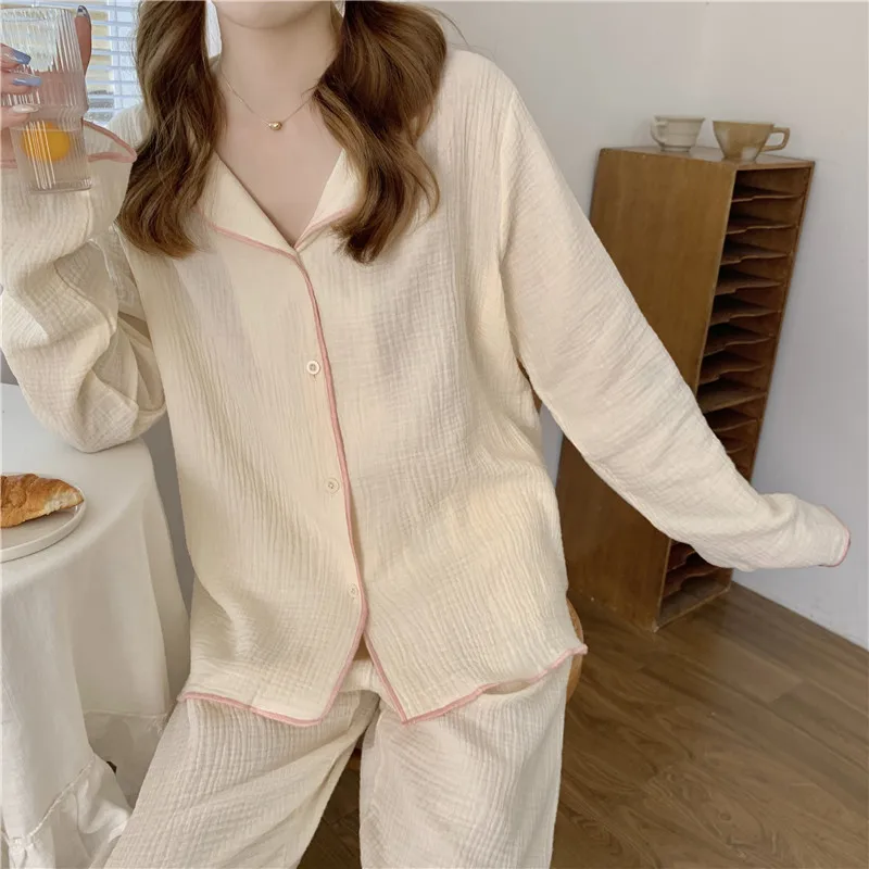 Single Breasted Shirts Tops + Trousers Set Two Piece Home Suit Solid Autumn Pajamas Set Korean Sweet Cotton Homewear Sleepwear cotton pjs