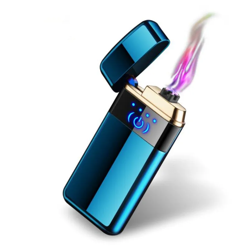 Новая USB зарядка двойная дуговая Зажигалка Ветрозащитная беспламенная Электронная зажигалка сенсорный переключатель перезаряжаемая плазменная зажигалка - Цвет: blue