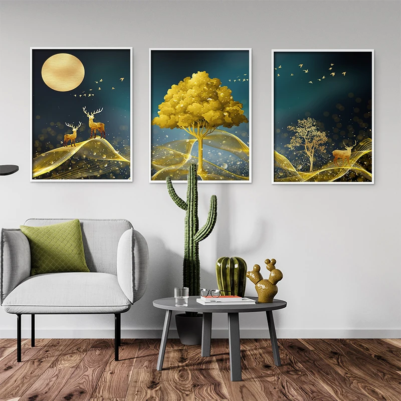 

Nordic Tree Deer Animal Canvas Wall Art Print Painting Abstract Moon Poster Decorative Picture for Living Room Bedroom Decor