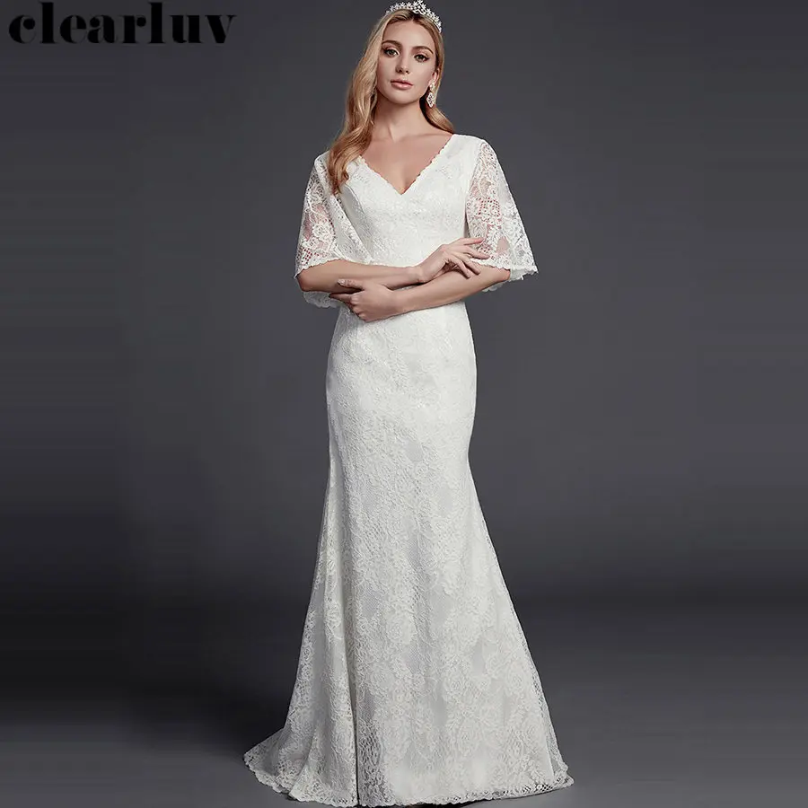 

V-neck Mermaid Wedding Dress 2019 New Plus Size Lace Vestido De Novia T487 Free Shipping Elegant Backless Tailling Wedding Gowns