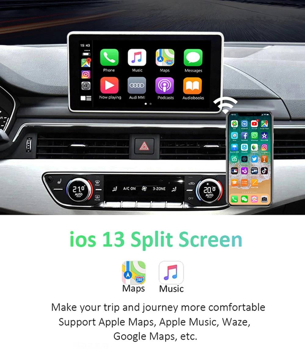 Aftermarket беспроводной Apple Carplay и Android Авто решение для Audi Q5 A4 A5 A6 A7 Q7 A3 Q3 B9 A8MMI с обратной камерой