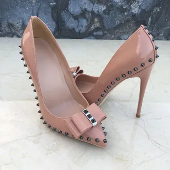 

High heels sexy women elegant heel rivet shoes quality thin heel point toe 12cm patent leather pumps meeting party shoes 2020