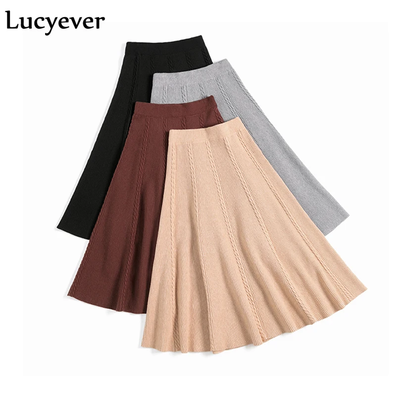 

Lucyever Harajuku Women Long Skirt Autumn Winter High Waist Knitted Female Skirt Fashion Elegant A-line Pleated Faldas Mujer