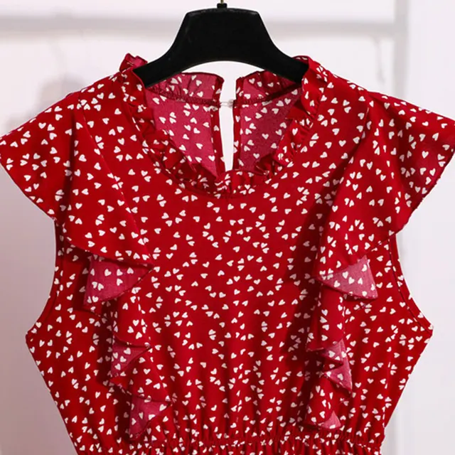 Vintage Butterfly Sleeve Ruffles Heart Dot Print Dress Women Medium Long Chiffon Ladies Spring Summer Dress Red Black Blue 4
