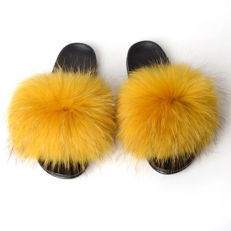 Пушистые шлепанцы с натуральным лисьим мехом; женские меховые тапочки; зимние меховые сандалии на плоской подошве; домашние тапочки; женская плюшевая обувь; пушистые вьетнамки - Цвет: Dark yellow