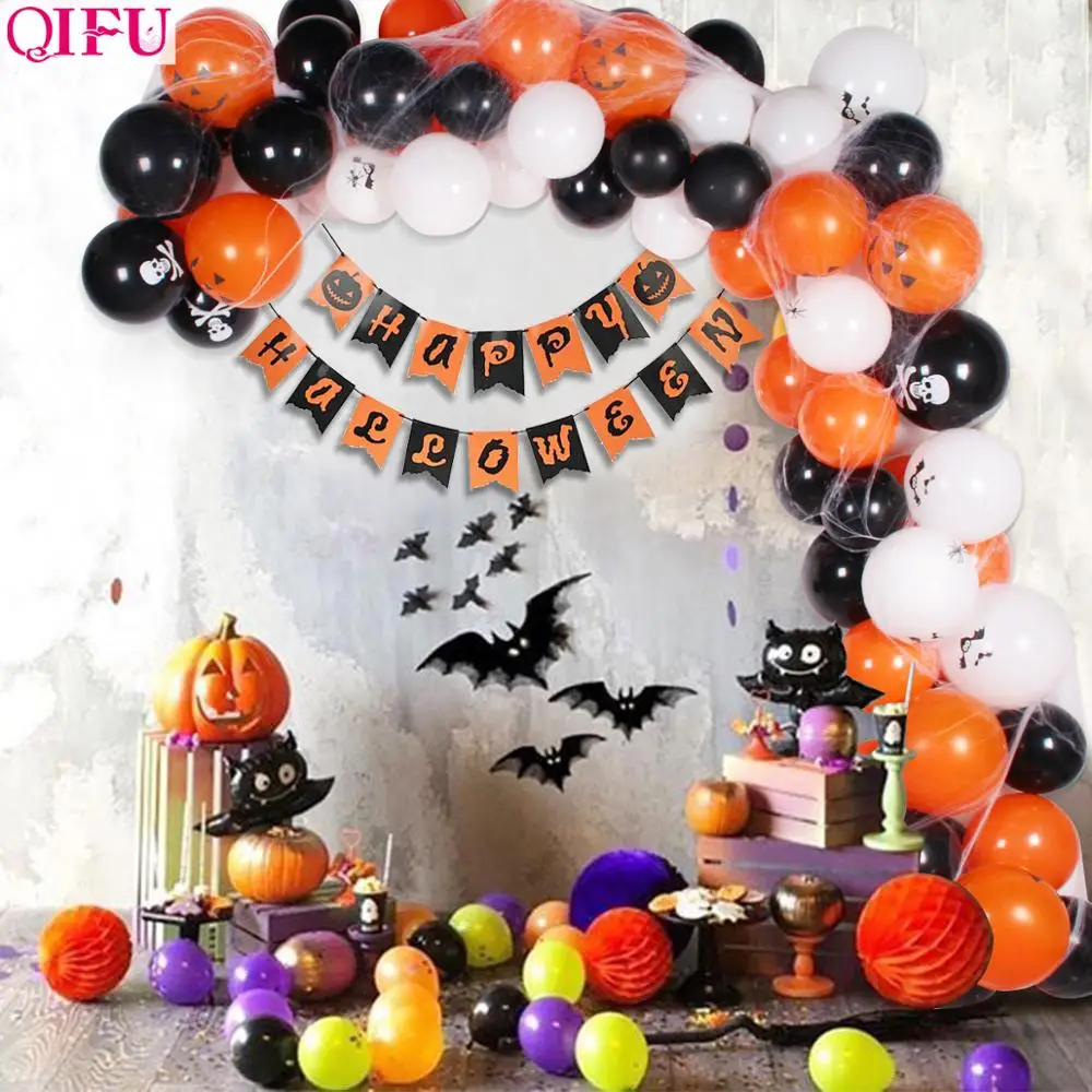 

QIFU 95pcs Halloween Balloon Plastic Chain Set 2019 Halloween Party Decoration Bat Baloon and Spider Web Halloween Accessories