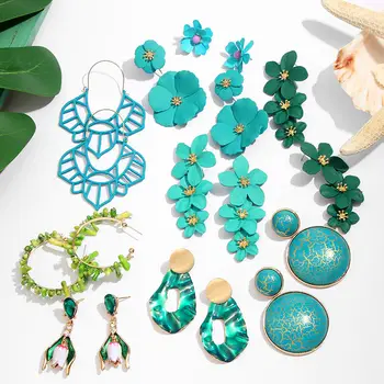 

Flatfoosie Trendy Green Metal Flower Drop Earrings For Women Bohemian Geometric Round Resin Statement Earrings 2019 Jewelry Gift
