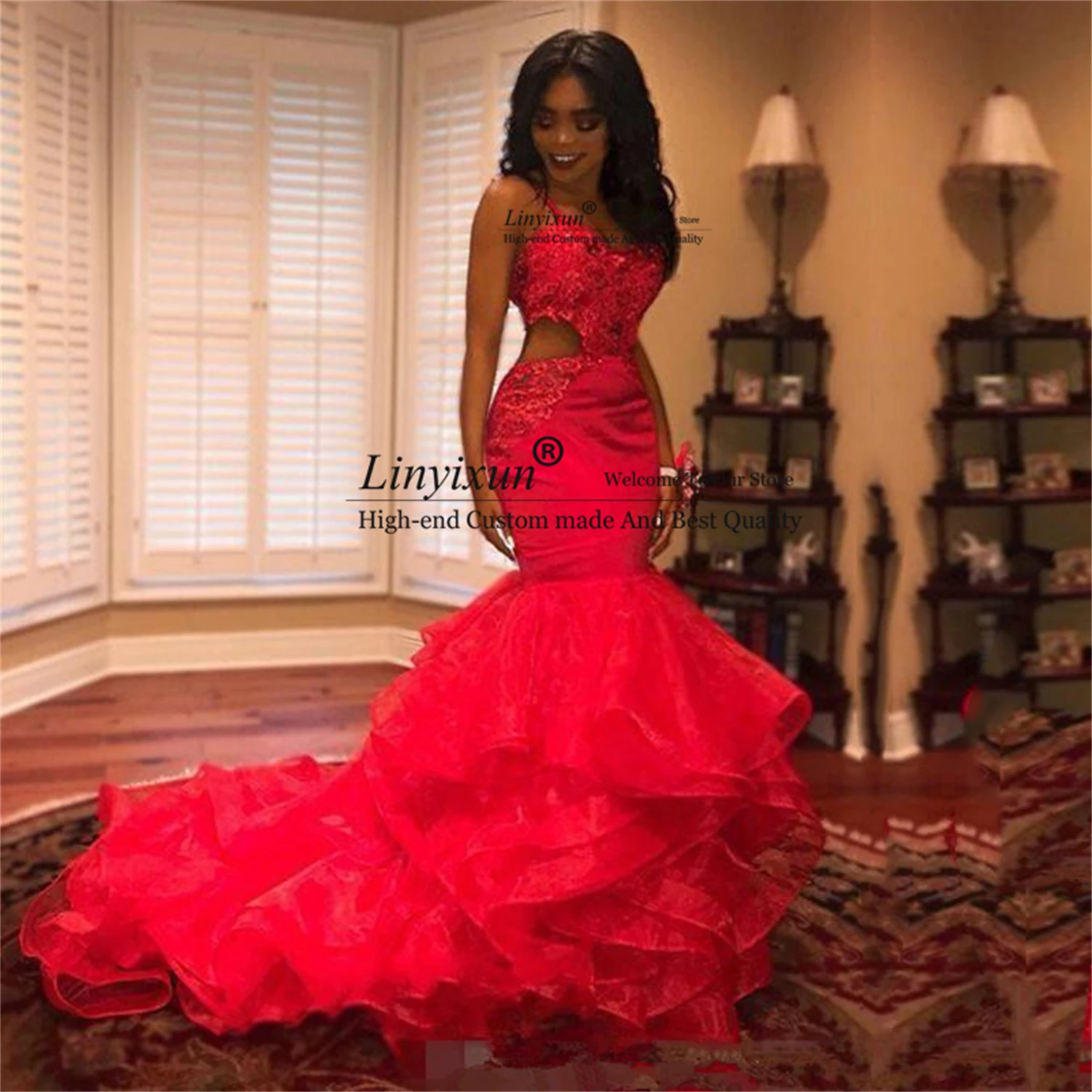 Red Mermaid Prom Dresses 2022 Spaghetti Strap Sweetheart Appliques Evening Party Gowns Sleeveless Court Train robes de soirée long prom dresses