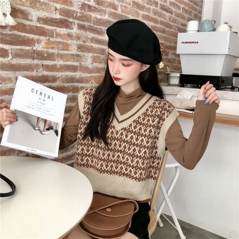 

2020 Autumn And Winter New Style Korean-style Sleeveless V-neck Knitted Vest Waistcoat Women's Outer Wear Versatile Loose-Fit