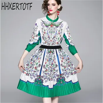 

spring Autumn Fashion Runway Twinset Suits Women's Flower Print Long Sleeve Shirt +Elastic Waist Pleated Skirt 2 Pieces Sets