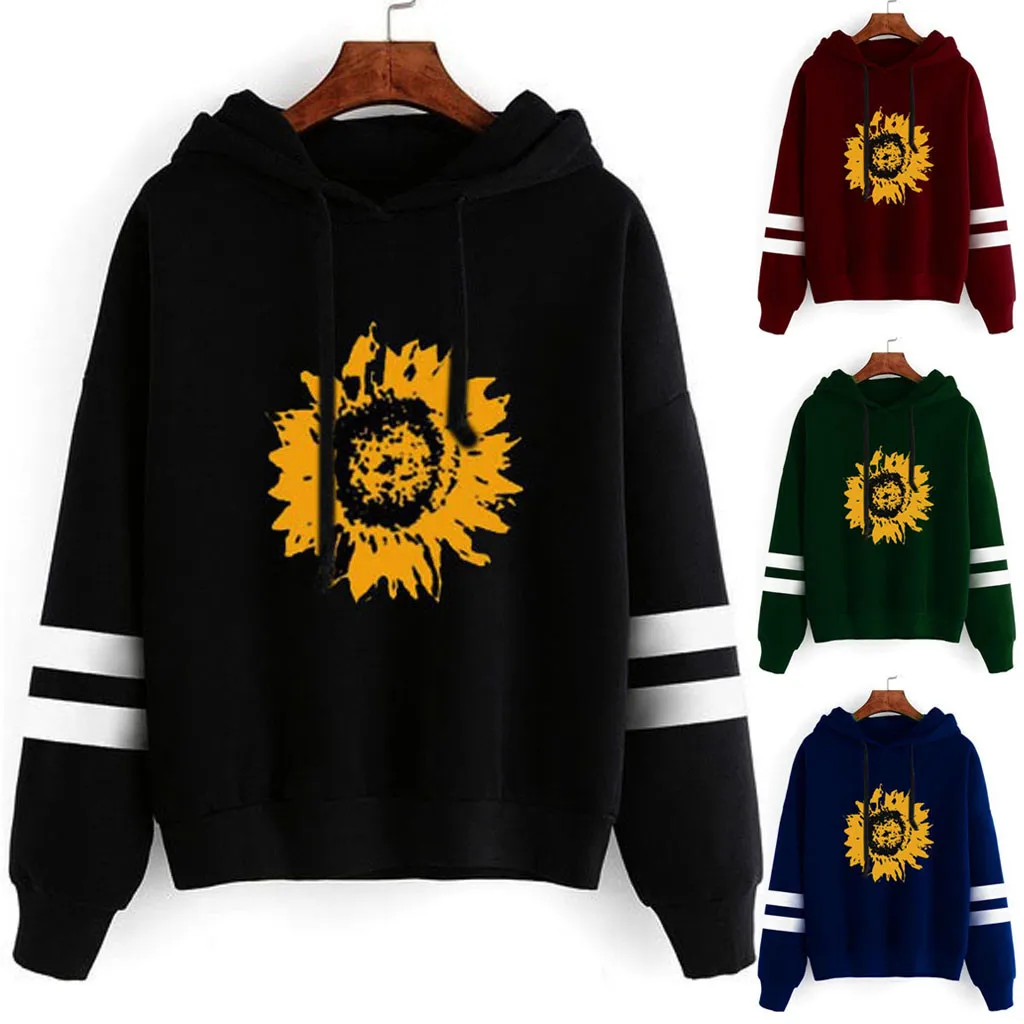 2020 Automne sweat à capuche pour femme décontracté manches longues tournesol impression pull hauts capuche|Толстовки и