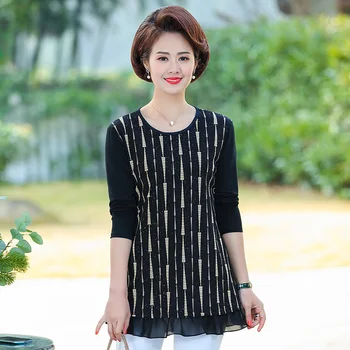 

XL-5XL O-Neck Printed Long Sleeve T Shirt For Women Big Size Mother Clothes Casual Stripe Tee Shirts Femme Spring Fall Lace Top