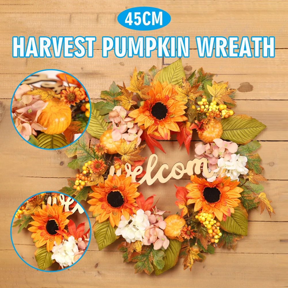 

1 Pc Harvest Festival Thanksgiving Party Wreath Flower Pumpkin Simulation Sunflower Pumpkin Decorative Garlands Home Decorations