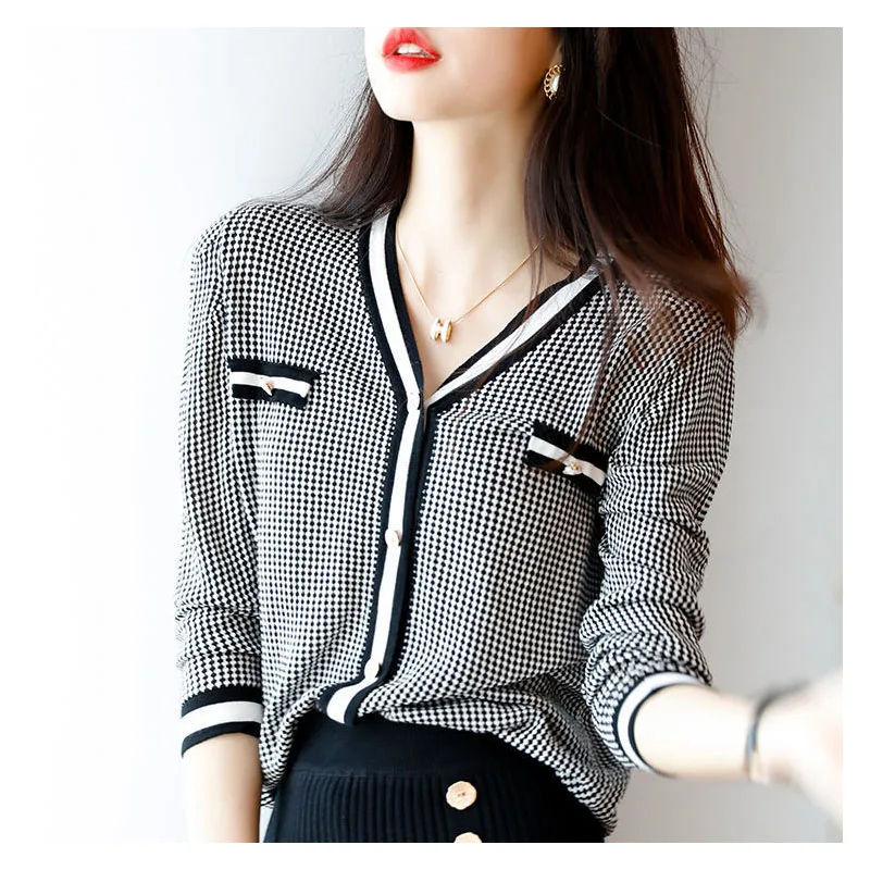 

Women's Plus Size Sweaters Knit Shirt 2020 Winter Knitted Button Splicing Prints Jumper Ladies Skinny Cardigan Jerseys Sweater