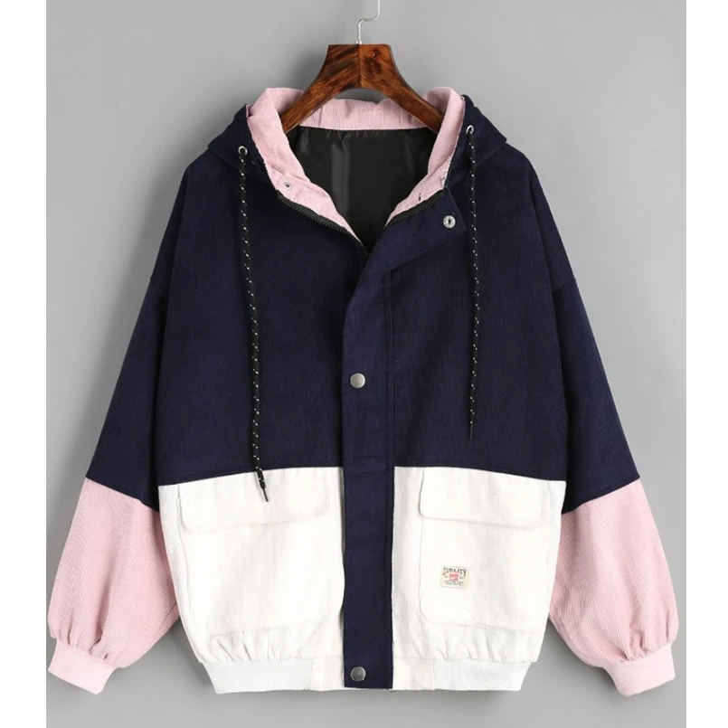 

Hip Hop Corduroy Hooded Patchwork Couple's Jacket Bomber Cargo Block Hoodies 2019 Autumn Casual Streetwear Jackets Dropshipping