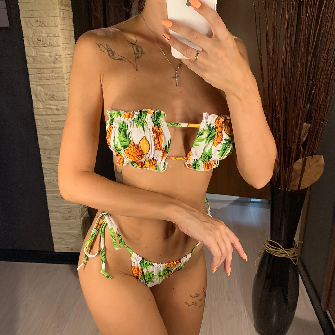 2020 Pineapple Print Strapless Bikini Female Swimsuit Women Swimwear Two-pieces Bikini set Bandeau Bather Bathing Suit V2412