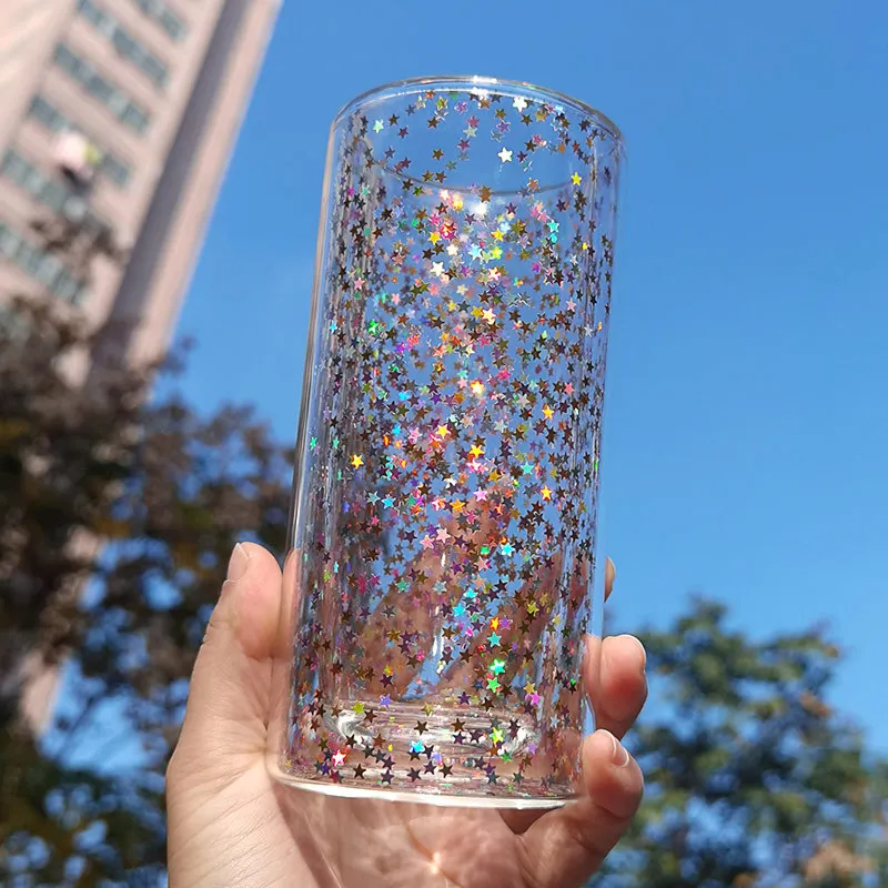 Girl Heart Ambilight Stars Starlight Glitter Double-layer Insulation Anti-scalding Bright Starry Glass Coffee Cup | Дом и сад