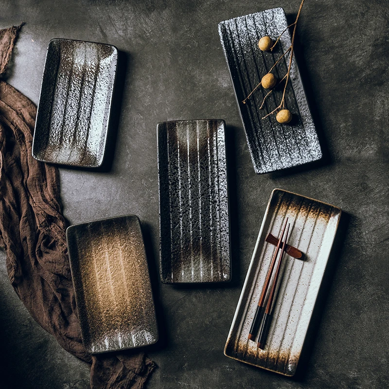 

Japanese rectangular stone plate ceramic plate sushi inventory heart plate retro flat plate dish Japanese cuisine tableware