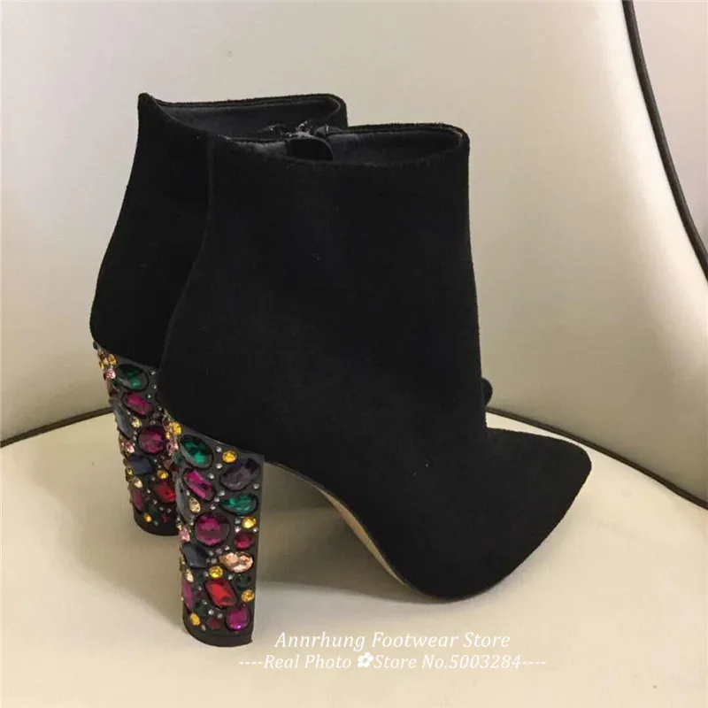 Ankle Boots Women Suede Crystal Jewelled Heel Boots Pointed Toe Chunky Heel Autumn Booties Colourful Rhinestone Heel Short Botas