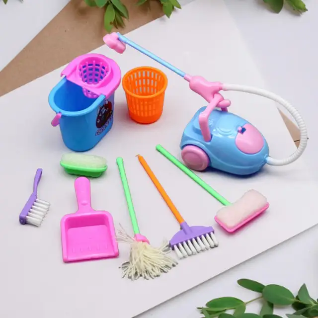 9pcs/set Dollhouse Toy Educational Mini Pretend Play Mop Broom Toys Cute Kids Cleaning Furniture Tools Kit House Clean Kids Toys 2