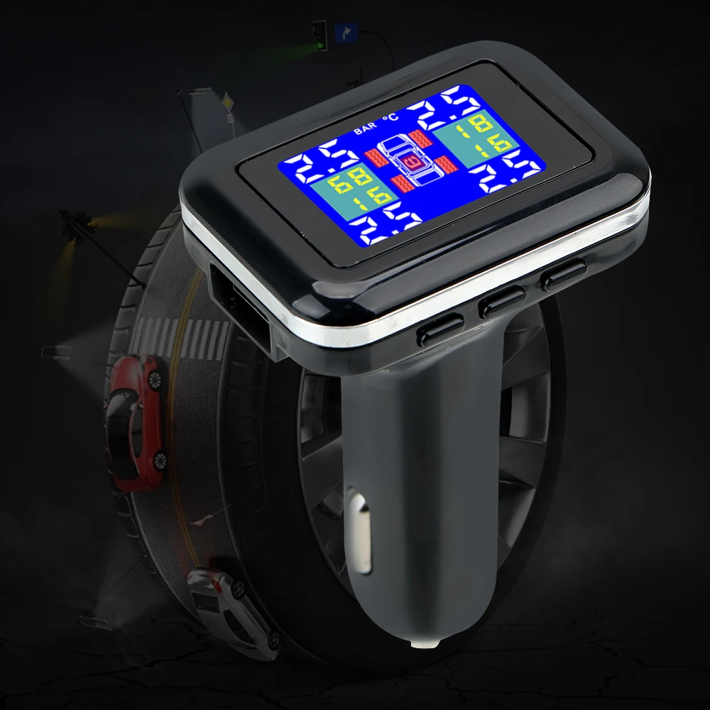 LEEPEE 4 External Sensors TPMS Car Tire Pressure Alarm Monitor System Cigarette Lighter Plug LCD Screen Display