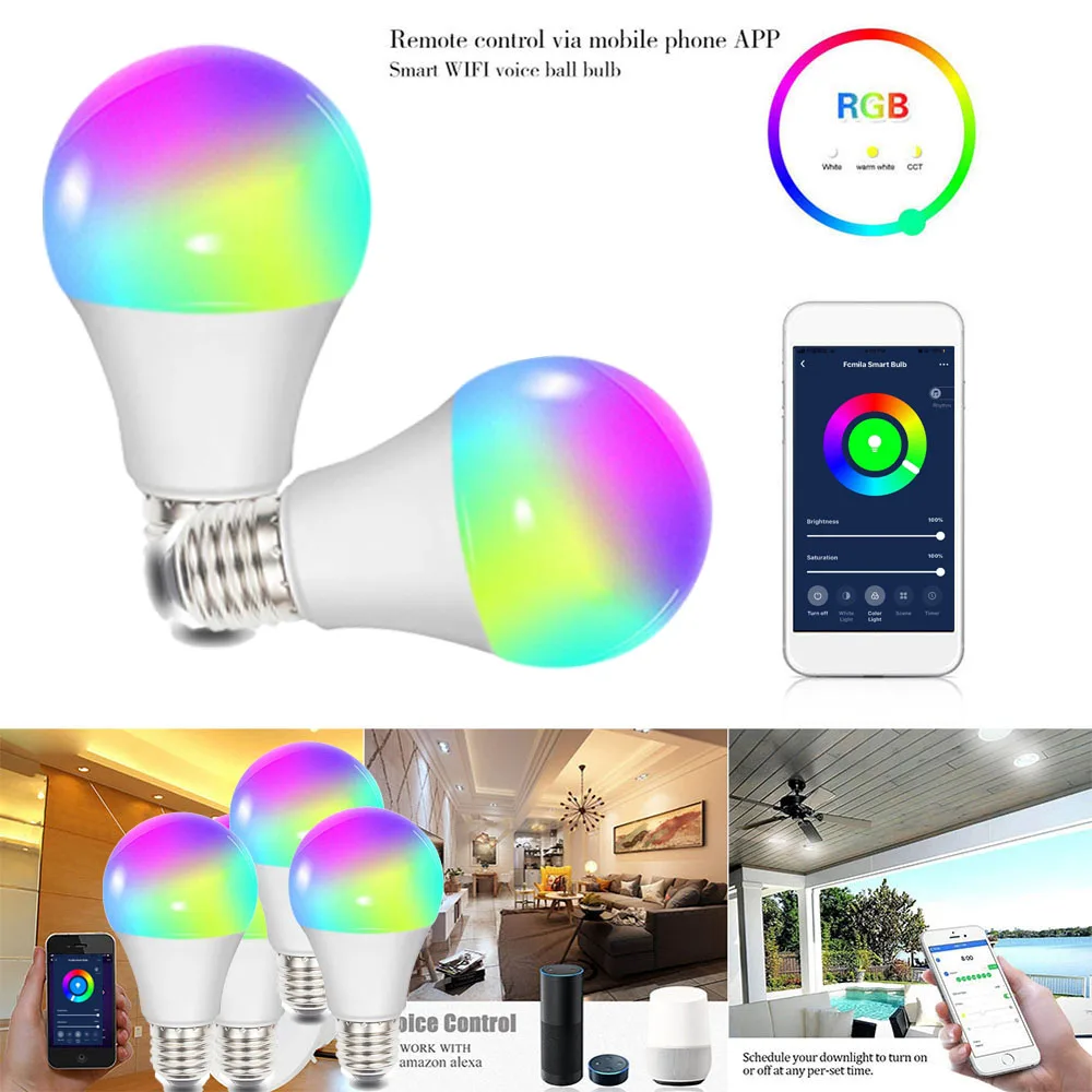 Смарт-лампочка wifi E27 B22 E14 GU10 лампочка с затемнением 10W smart wifi светильник светодиодный лампы светильник Alexa гул дома белый/теплый белый/RGB красочный шарик светодиодный потолочный светильник
