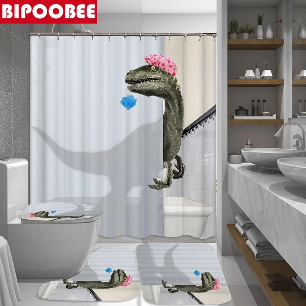 Taking A Bath Dinosaur Bathroom Set Shower Curtain Bath Mat Toilet Pad Sets Non Slip Mats Carpets Toilet Seat Floor Mat Shower Curtains Aliexpress