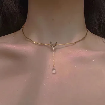 

Gold Color Kpop Butterfly Choker Necklaces Women Waterdrop Pendant Necklaces 2020 New Fashion Korean Jewelry