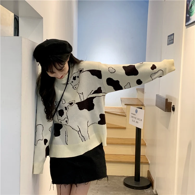 winter treasure farm cow sweater round neck autumn and winter new loose lazy knitted top