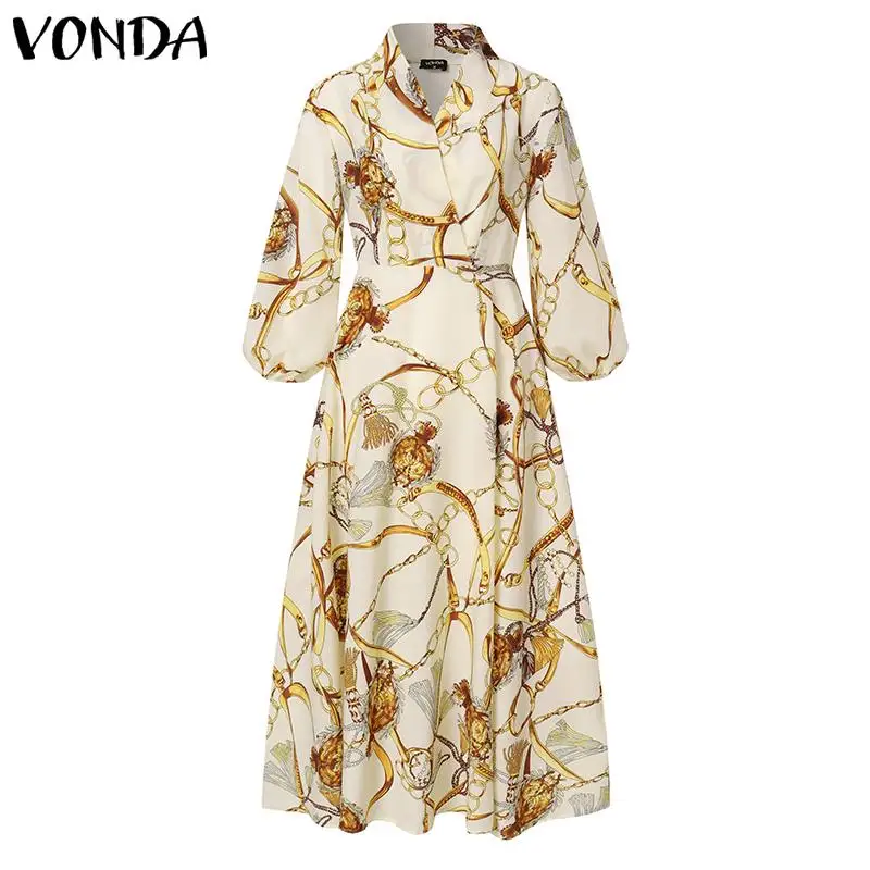 VONDA Fashion Autumn Maxi Dress Street Baggy Sundress Party Robe Lady Long Sleeve Vestido Oversize Women Floral Printed Sundress