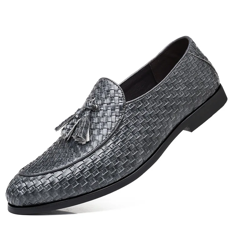 

38~48 Large Tassel Braided Loafers Men Striped Plaid Slip On Dress Shoes Man Fringed Flat Loafer Italian Men Formal Leather Shoe