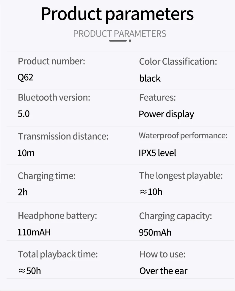 Q62 светодиодный цифровой дисплей беспроводные наушники Bluetooth 5,0 стерео спортивные наушники с кнопками управления IPX5 водонепроницаемые наушники с Ушными крючками