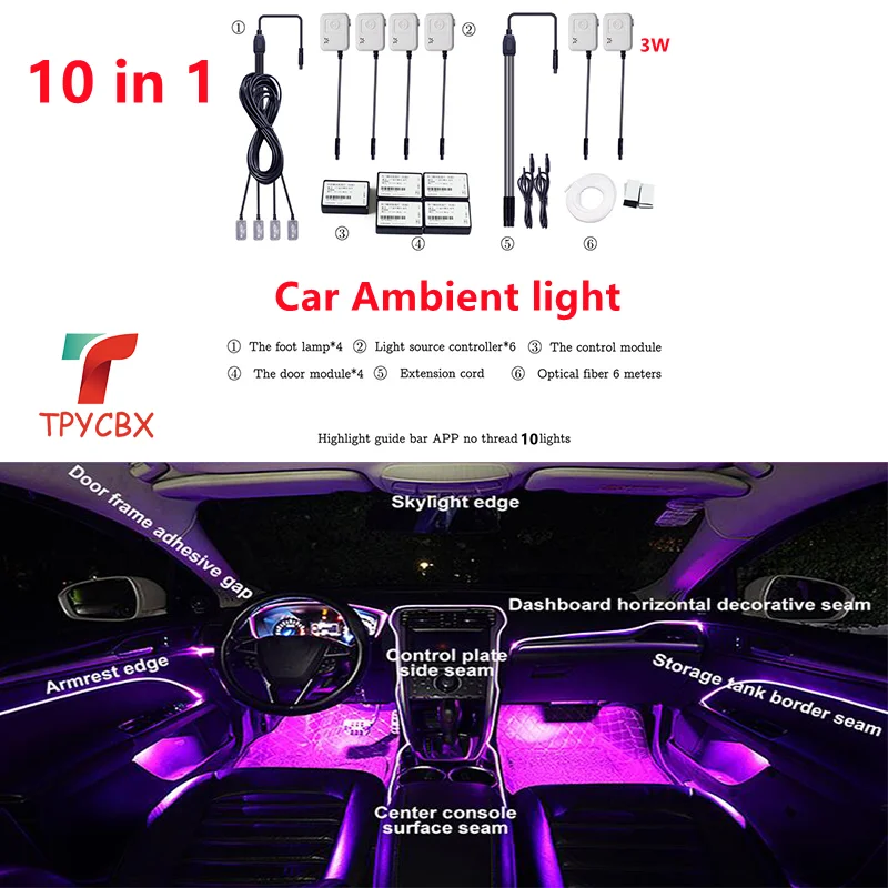 

10 in 1 car Ambient light RGB Fiber Optic Lights Colors Car Styling Decorative Atmosphere Lamps Car Interior Light APP control