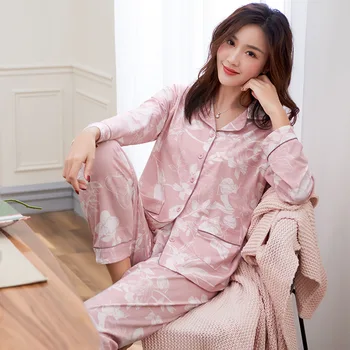 

Pajamas Women Spring and Autumn Cotton Long-Sleeved Casual Style Plus-sized Two-Piece Set Women Pijama Pink Color Pajamas