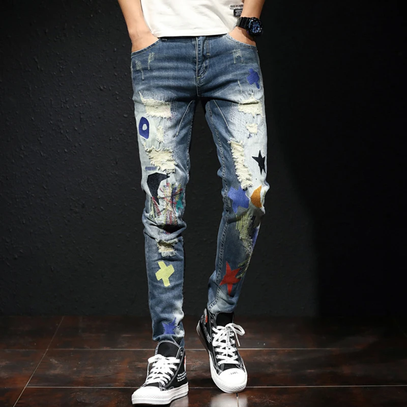 Flash Sale Aolamegs Jeans Men Colorful Patch Casual Hip Hop Style Denim Advanced Broken Hole High Quality Tight Jeans Streetwear Autumn