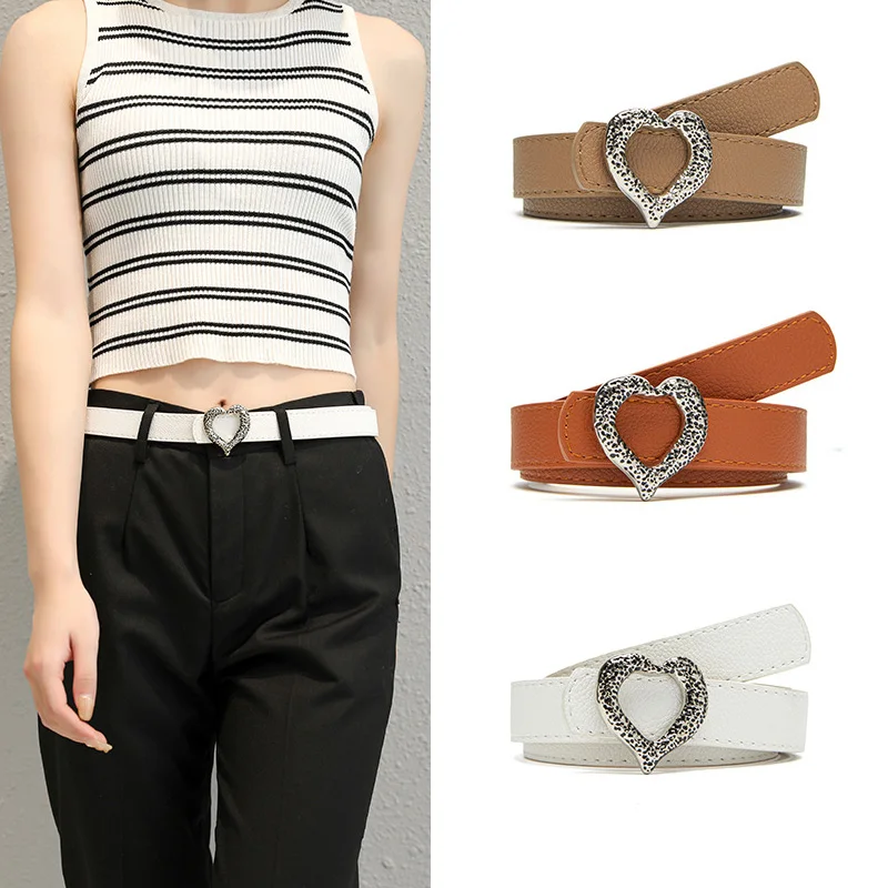 New Sweet Love Buckle Simple Women Fashion Belt All-Match Vintage Imitation Silver Buckle Strap Coat Trousers Thin Waistband