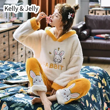 

Pajama women's winter flannel new thickened Plush sweet lovely hooded coral Plush warm home suit free shipping