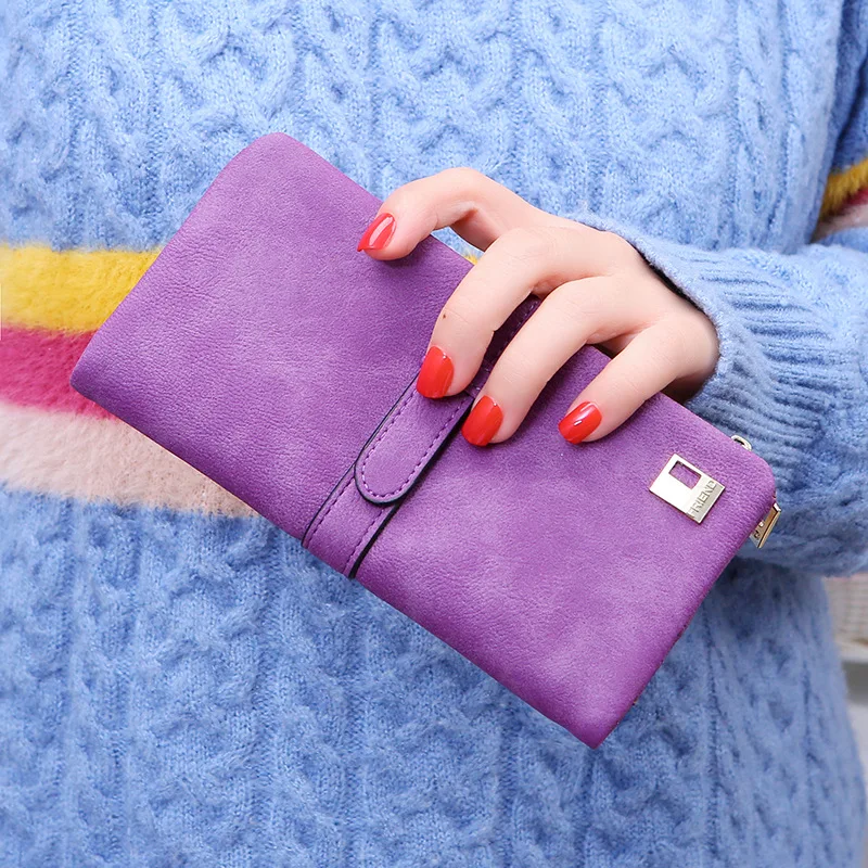 

2017 New Fashion Women Wallets Drawstring Nubuck Leather Zipper Wallet Women's Long Design Purse Two Fold More Color Clutch
