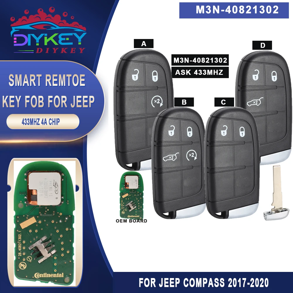 

DIYKEY OEM FCC: M3N-40821302 Keyless Entry Remote Fob 2/3/4 Button Smart Proximity Key for Jeep Compass 2017 2018 2019 433MHz 4A