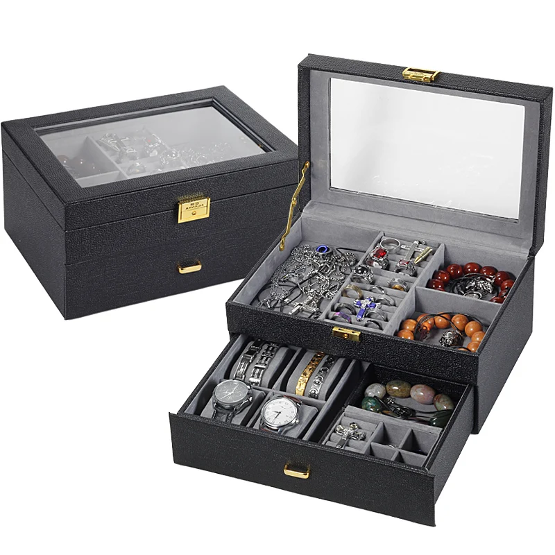 

FUN-BEAUTY New Leather Pull Out Checkered Jewelry Box Large Capacity Jewelry Box High End Gift Box For Watch Necklace Storage