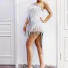 Sexy White Tassel Single Shoulder Dress Evening Party Rhinestones Fringes Latin Dance Dress Birthday Celebrate White Dress ► Photo 3/6