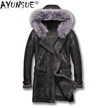 AYUNSUE настоящая овчина зимняя куртка из натуральной кожи Мужская Лисий меховой воротник с капюшоном теплые винтажные кожаные куртки 5218