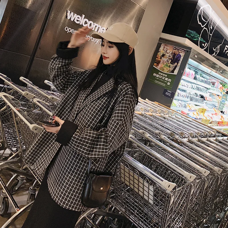 

2019 Spring And Autumn New Style Retro Online Celebrity Korean-style Loose-Fit CHIC Casual British-Style Small Suit Plaid Coat W