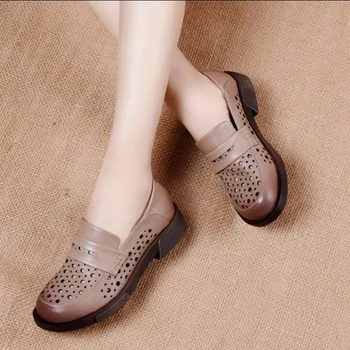 

New Summer hollowed-out breathable Women Flats Genuine Leather Shoes Round Toes Handmade Vintage Ladies Soft Bottom Flat Shoes
